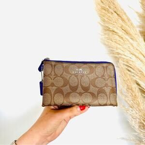 COACH Brown Tan Emblem Logo Purple Zipper Card Holder Wristlet Bag Purse Wallet